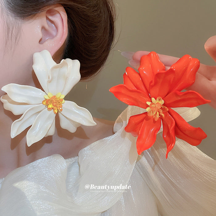 White And Orange Oversized Petal Flower Stud Earrings