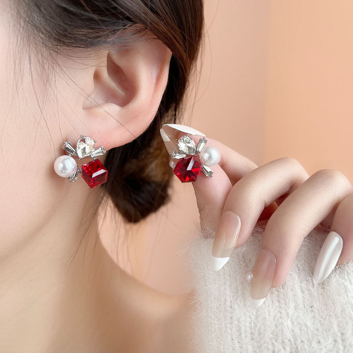 Red Square Cluster and Pearl Look Drop Stud Earrings