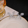 Silver Tone Openwork Butterfly Earrings Crystal Rose Accents view 2