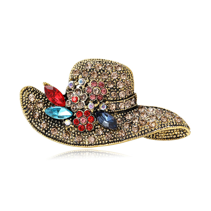 Crystal Cowboy Hat Brooch With Faceted Crystals And Polished Metal Details