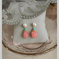 Gold Pearl Turquoise Strawberry Quartz Drop Stud Earrings view 1