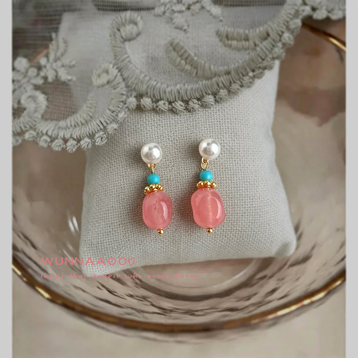 Gold Pearl Turquoise Strawberry Quartz Drop Stud Earrings