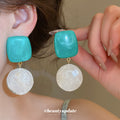 Color Block Resin Drop Earrings in Green Red Amber and White view 3