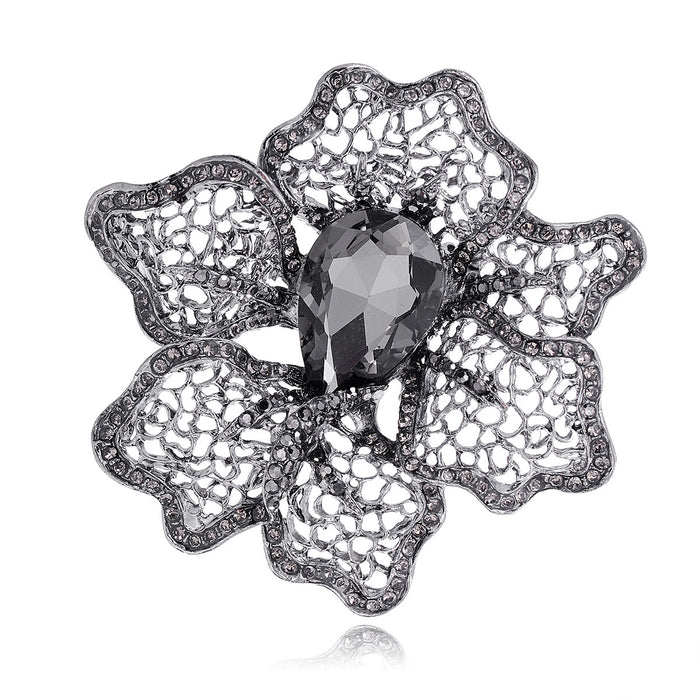 Black Flower Openwork Crystal Six Designs Metal Brooch Pin