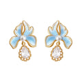Gold Light Blue Enamel Iris Flower Drop Earrings Pair view 5