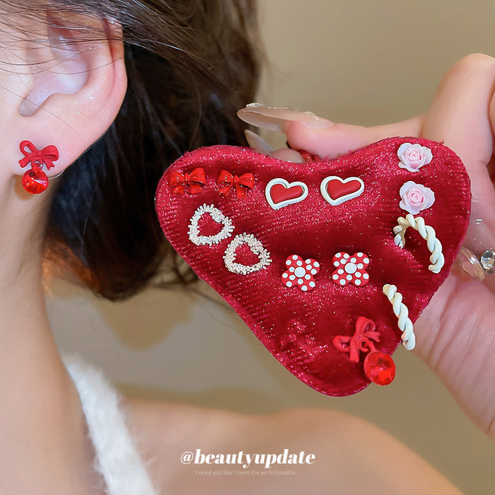 Six Pair Red Heart Bow Rose Crystal Stud Earring Set