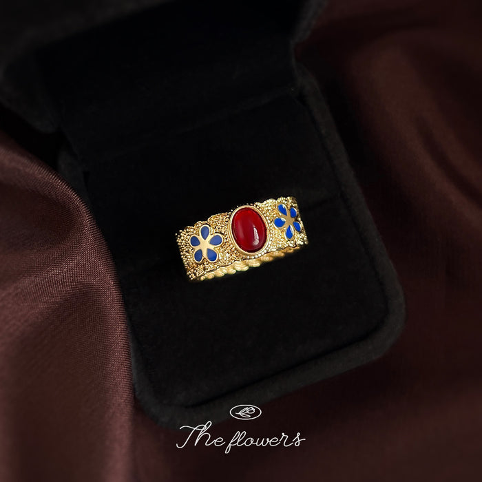 Gold Wide Band Ring Red Oval Cabochon Blue Enamel Flowers