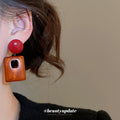 Red Round and Amber Open Rectangle Drop Stud Earrings view 3