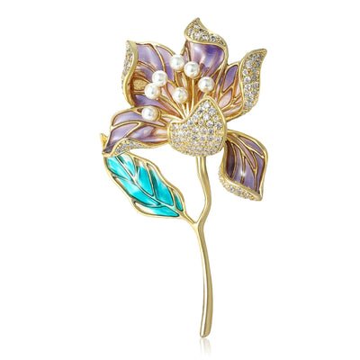 Purple enamel lotus brooch with pearl center and teal leaf