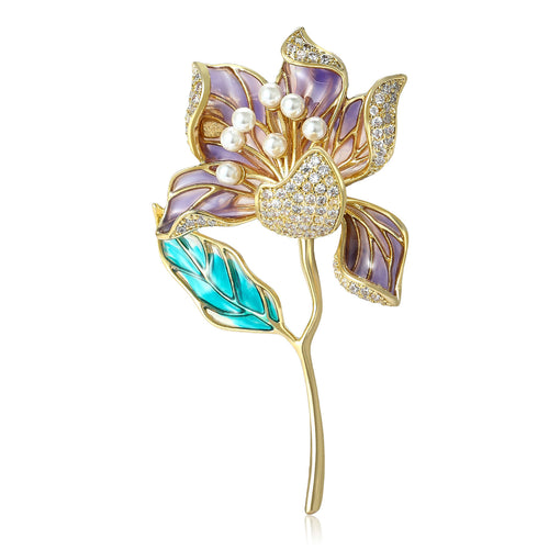 Purple enamel lotus brooch with pearl center and teal leaf