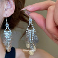 Silver Tone Leaf Sequin Tassel Hook Statement Earrings view 1