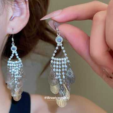 Silver Tone Leaf Sequin Tassel Hook Statement Earrings