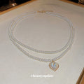 Double Strand White Pearl Necklace Iridescent Heart Pendant view 2