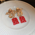 Gold Tone Floral Red Double Happiness Drop Earrings view 6