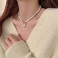 White Pearl Strand Gold Toggle Rhinestone Heart Pendant view 4
