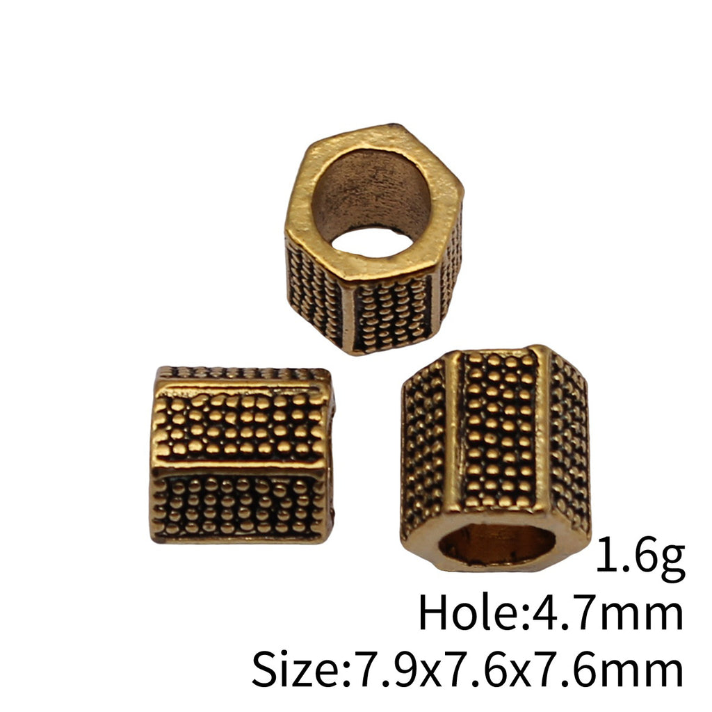7.9x7.6x7.6mm 1.6g Antique Gold Zinc Alloy Pitted Hexagon Prism Large Hole Beads for DIY Jewelry Making