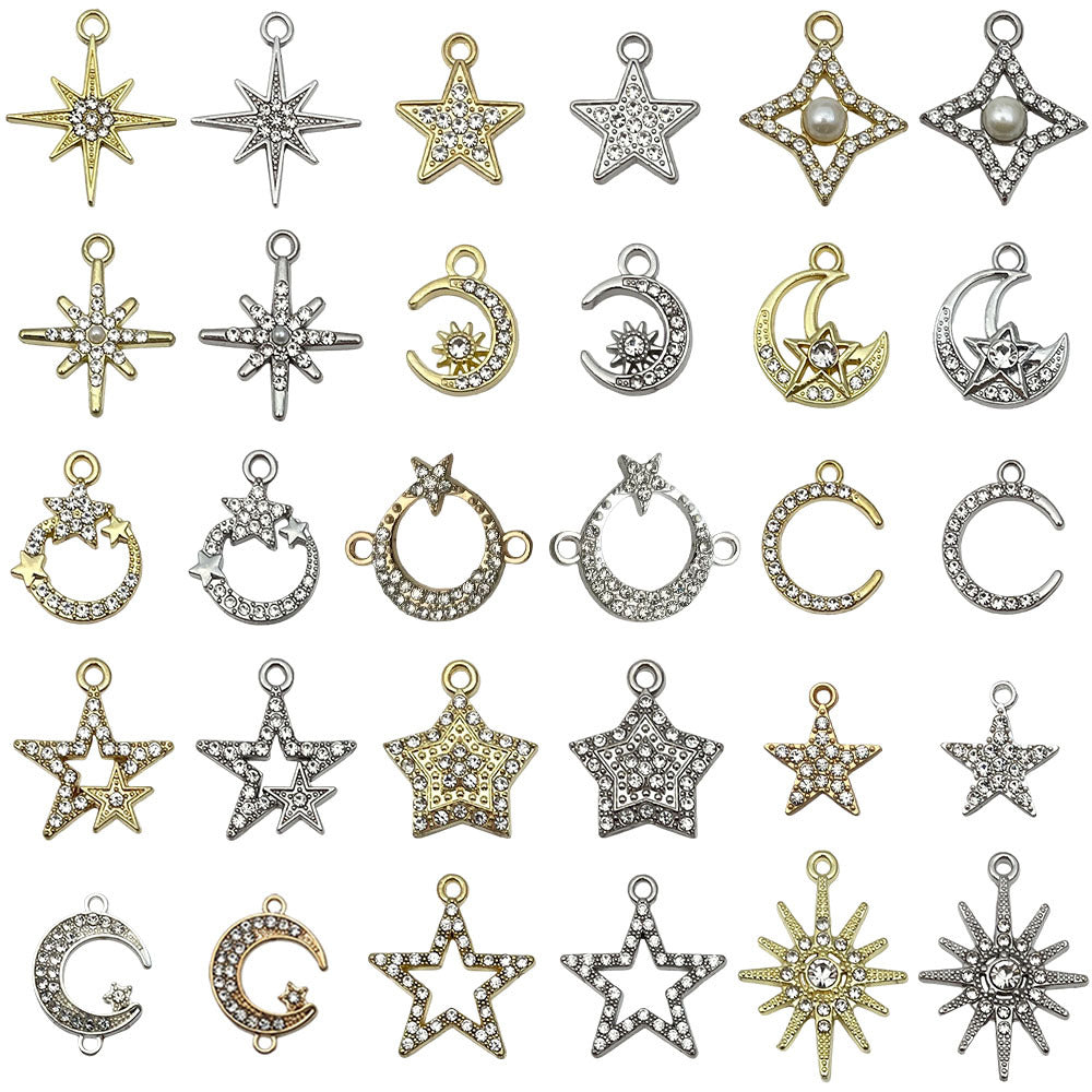 Rhinestone Zinc Alloy Four-Point Star Moon Five-Point Star Connector Charm for DIY Necklace