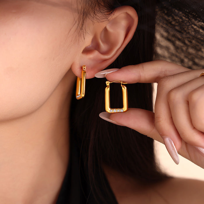 Rectangle Hoop Earrings With Four Rhinestones Gold Silver