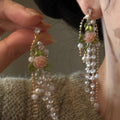 Rose and Pearl Like Bead Long Tassel Earrings Earring Pair view 2