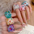 Chunky Resin Rhinestone Studded Square Cocktail Rings view 3