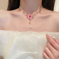 Pink Fabric Flower Crystal Bead Pearl Drop Necklace view 4