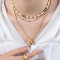 Gold Faceted Metal Pearl Green Stone Bead Collar Necklace view 4