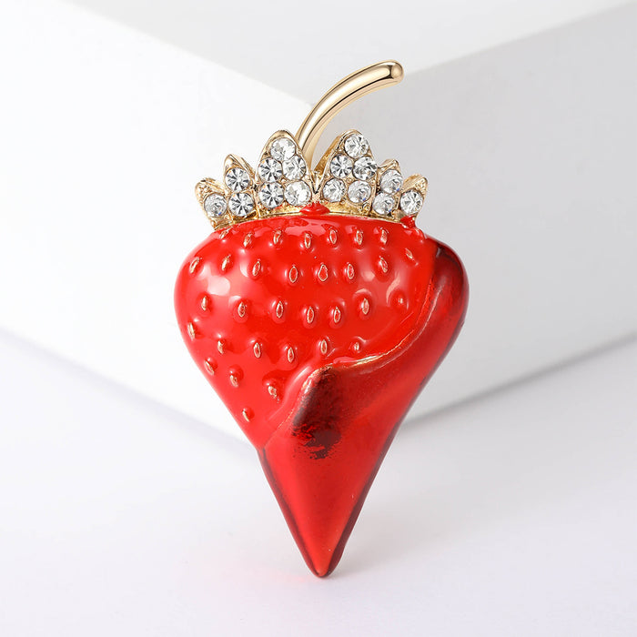 Red Enamel Strawberry Brooch Rhinestone Leaf Crown