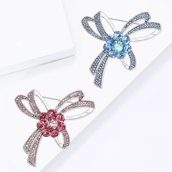 Silver Tone Rhinestone Bow Brooch Pink Blue Flower Center