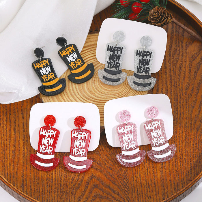 Festive Greeting Top Hat Glitter Acrylic Dangle Stud Earrings