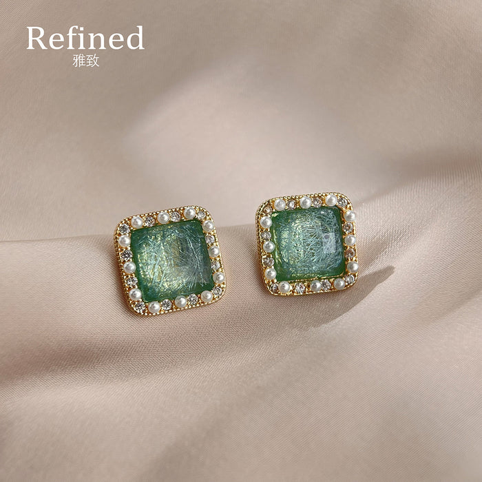 Gold Tone Green Square Stone Pearl Like Border Stud Earrings