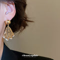 Pleated Fan Drop Earrings With Open Gold Tone Metalwork view 4