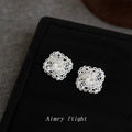 Silver Openwork Lace Filigree Crystal Square Stud Earrings view 4