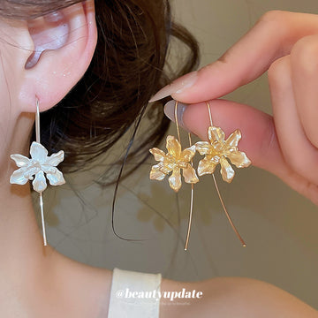 Metal Flower Long Wire Hook Dangle Earrings Statement Jewelry Pair