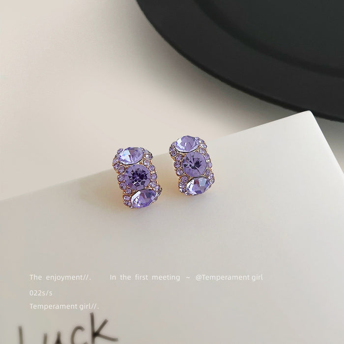 Gold Tone Purple Triple Oval Faceted Stone Half Hoop Earrings