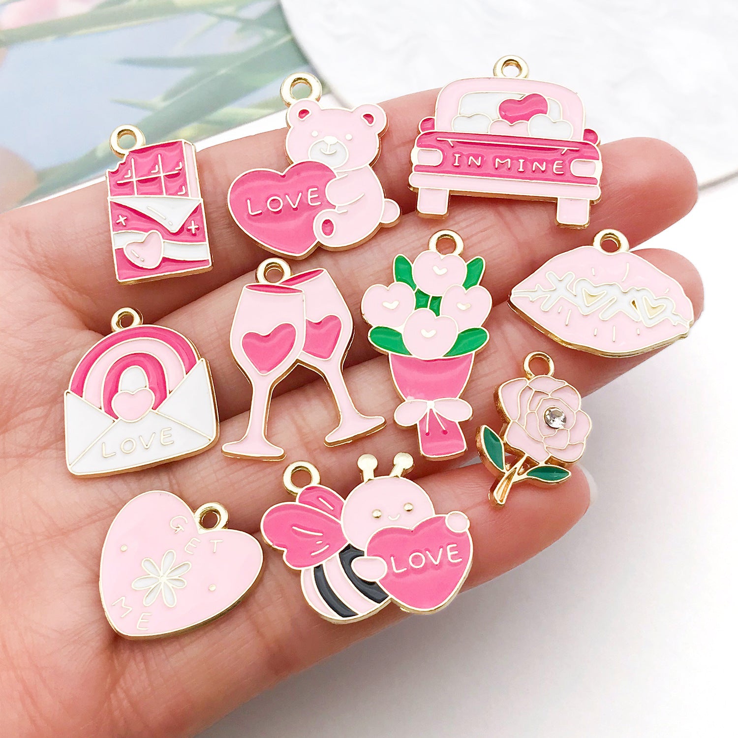 Zinc Alloy Enamel Heart Bouquet Charm Pendant for DIY Bracelet Necklace Keychain