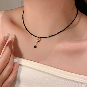 Black Crystal Bead Choker Gold Tone Drop Charm Pendant