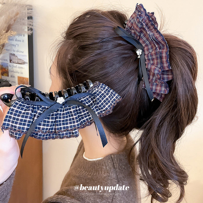 Plaid Fabric Bow Black Claw Hair Clips in Two Colors