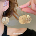 Textured Round Disc Drop Hook Earrings Statement Pair view 1