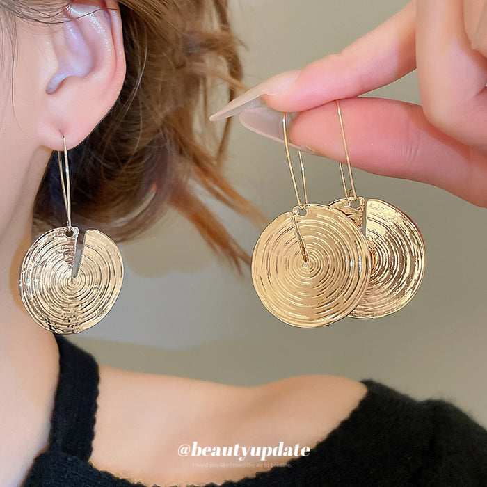 Textured Round Disc Drop Hook Earrings Statement Pair