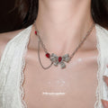 Red Heart Crystal Bow Layered Chain Statement Necklace view 3