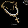 Layered Pearl Necklace With Crystal Cross Pendant For Distinctive Statement Styling view 2