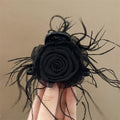 Black Rolled Fabric Rose Hair Claw With Loose Feather Fringe view 3