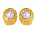 Imitation Pearl Stud Earrings Ribbed Metal Shell Gold Steel Tone view 5