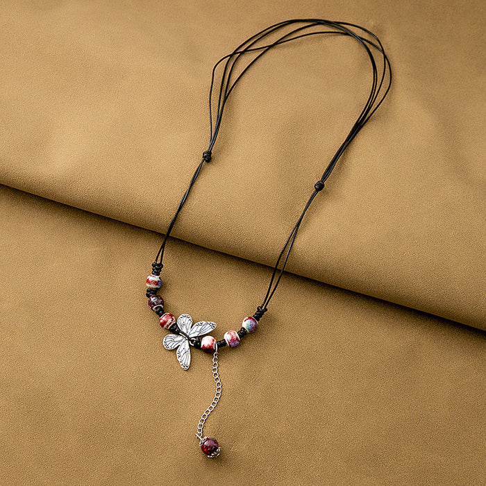 Black Cord Butterfly Pendant Necklace Beaded Drop Chain