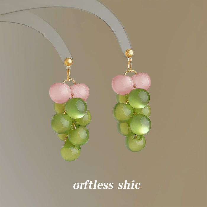 Gold Tone Pink And Green Translucent Grape Cluster Drop Earrings