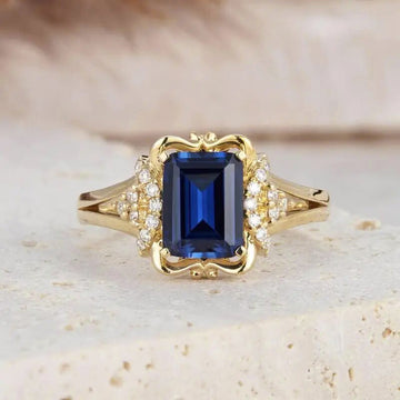 Gold Tone Blue Emerald Cut Center Stone Ring Clear Accents