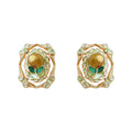 Gold Scroll Frame Golden Pearl Enamel Leaf Stud Earrings view 5