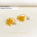 Yellow Flower Cluster Pearl Like Front Back Stud Earrings view 4