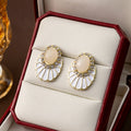 Gold Tone Oval Cabochon White Enamel Fan Stud Earrings view 2