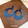 Blue Fabric Wrapped Double Circle Stud Earrings with Polished Metal Details view 4